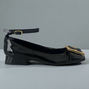 Jeffrey Campbell So Cute Ankle Strap Ballet Flat Square Toe Crinkle Patent Black